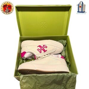 Tory Burch Signature NIB Color Block Platform Leather Sneakers White Pink Sz 9